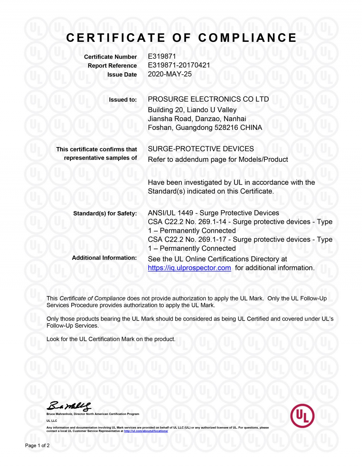 ProSurge UL сертификат для защиты от перенапряжения Devcie